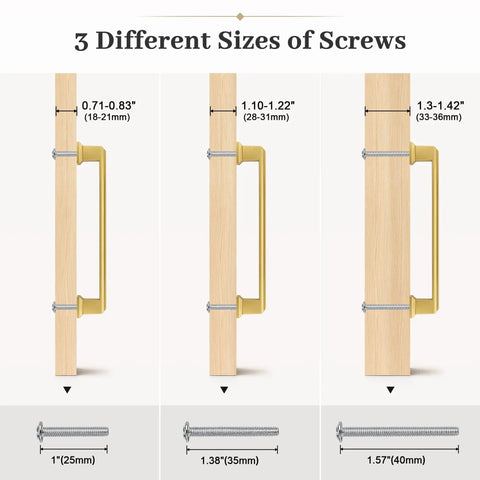 Diagram of screw sizes for Six Pack 3 Inch Hole Center Cabinet Pulls in Brushed Gold Brass Finish Zinc Alloy Solid Drawer Handles.