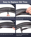 Installation steps for All In One Bike Tire And Inner Tube Kit Includes 2 Tires 700x38c And 2 Tubes 700x35/43c With 48mm Schrader Valves Plus 2 Tire Levers For Quick Replacement On Gravel And Road Bikes shown in four images.