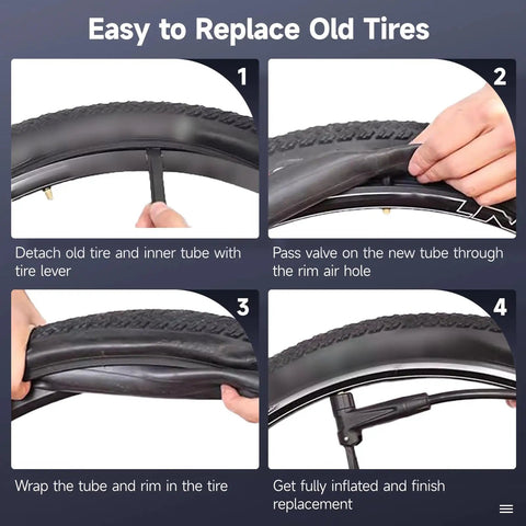 Installation steps for All In One Bike Tire And Inner Tube Kit Includes 2 Tires 700x38c And 2 Tubes 700x35/43c With 48mm Schrader Valves Plus 2 Tire Levers For Quick Replacement On Gravel And Road Bikes shown in four images.