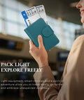 Person holding RFID Passport Holder Travel Wallet For Men And Women With Hidden AirTag Slot Genuine Leather Passport Cover, Lake Blue.