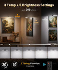 Rechargeable Wall Mounted Picture Light With Remote Control Featuring Three Color Modes And Adjustable Brightness For Gallery Grade Art Display Absolute Game Changer In Sleek Black Finish Next Level Home Decor Vibe displaying art illumination settings.