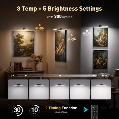 Rechargeable Wall Mounted Picture Light With Remote Control Featuring Three Color Modes And Adjustable Brightness For Gallery Grade Art Display Absolute Game Changer In Sleek Black Finish Next Level Home Decor Vibe displaying art illumination settings.