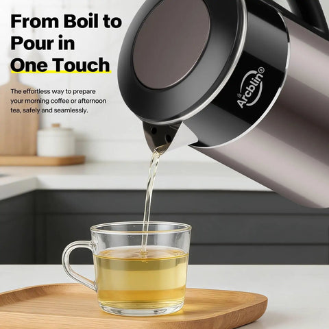 1.8L Electric Kettle With Double Wall Insulation For Safe Touch 1350W Fast Boil 304 Stainless Interior Auto Shut Off And Boil Dry Protection Zero Plastic Contact Gold Finish being used to pour tea
