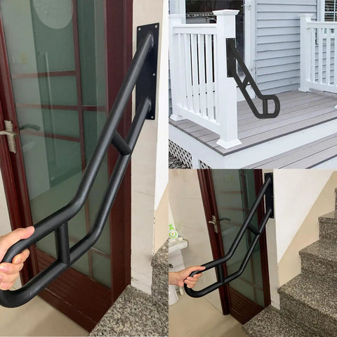 Heavy Duty U Shaped Handrails For Outdoor Steps Built From Solid Wrought Iron With Black Powder Coat Wall Mount Safety Grab Bars, 25 inch grip.
