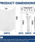 Pro Grade Poultry Shrink Wrap Bags Kit With Fifty Food Grade Vacuum Sealing Sacks Heat Resistant Zip Ties Silicone Straws And Labels No Hassle Chicken Storage Gear That Locks In Flavor And Slays Freezer Burn At 13 X 18 Size dimensions showing bags, ties, and labels.