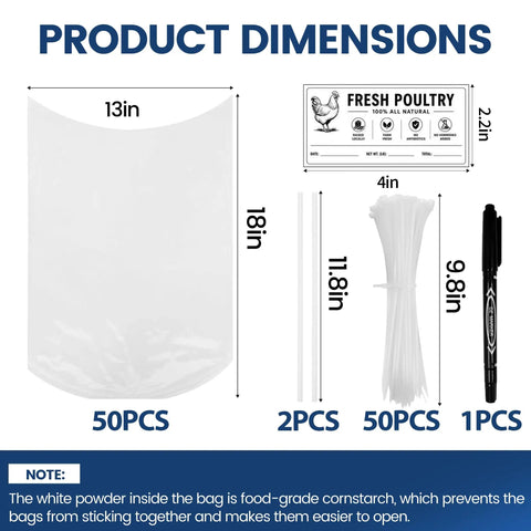 Pro Grade Poultry Shrink Wrap Bags Kit With Fifty Food Grade Vacuum Sealing Sacks Heat Resistant Zip Ties Silicone Straws And Labels No Hassle Chicken Storage Gear That Locks In Flavor And Slays Freezer Burn At 13 X 18 Size dimensions showing bags, ties, and labels.