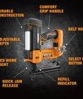 20 Volt Cordless 18 Gauge Narrow Crown Stapler One Point Five Eight Inch Tool Only with labeled features on black background
