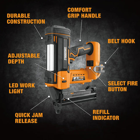 20 Volt Cordless 18 Gauge Narrow Crown Stapler One Point Five Eight Inch Tool Only with labeled features on black background