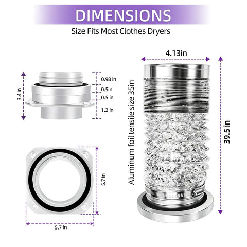 Magnetic Quick Connect Dryer Vent Hose Kit dimensions for tight spaces, showing duct size and clamps.