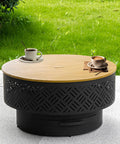 26-Inch Wood Burning Fire Pit Table With Grill And Lid For Outdoor Use, showing table conversion with cups on top