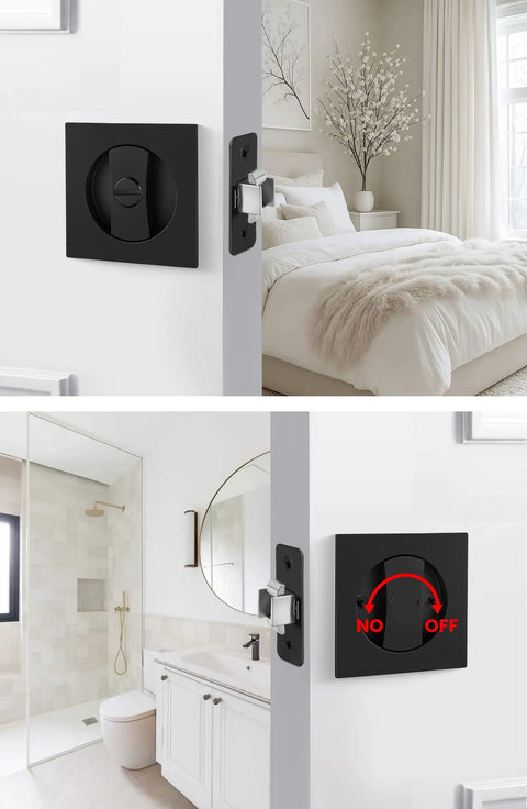 Dope Matte Black Square Pocket Door Lock Kit With Hardware installed on bedroom and bathroom sliding doors, reversible feature shown