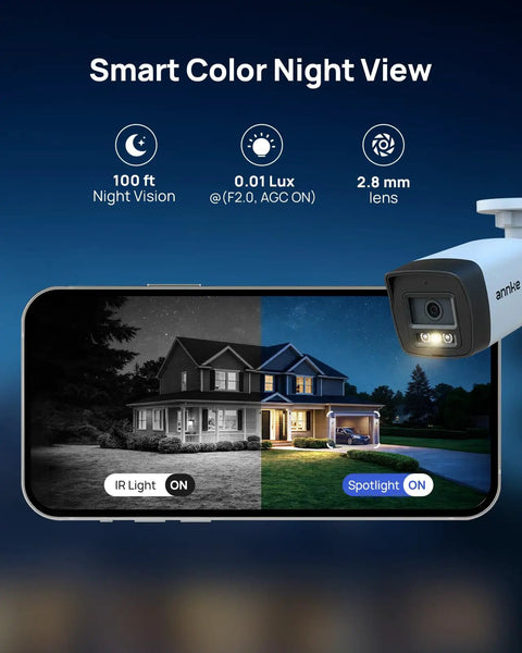 5MP All In One Security Camera System With Two Way Audio showcasing night vision and spotlight features on smartphone screen