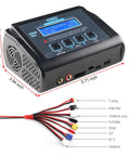 Beefy 150W 10A RC Battery Charger And Discharger With Balance For 1S-6S LiPo LiIon LiHV, showing dimensions and connectors