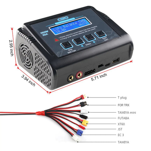 Beefy 150W 10A RC Battery Charger And Discharger With Balance For 1S-6S LiPo LiIon LiHV, showing dimensions and connectors
