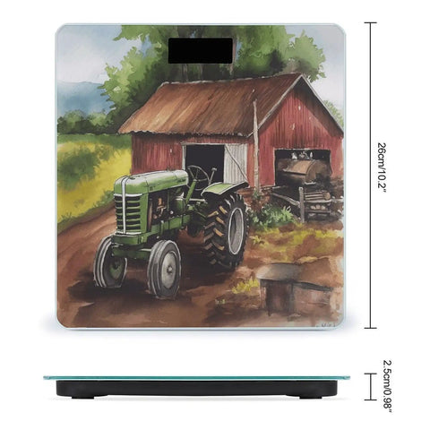 Farm Tractor Themed Digital Body Scale With High Precision Dope Slim Compact Bathroom Scale For Bedroom Kitchen And Home Use Modern Personal Weighing Machine with barn illustration
