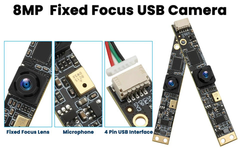 Image showing 8MP Ultra HD USB Camera With Built In Microphone For 3D Printers, Crystal Clear 3264x2448 At 30fps, 105 Degree Wide Angle, components highlighted.