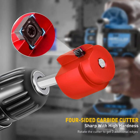 Close-up of Aluminum 1 Inch Head PVC Fitting Saver and Pipe Reamer with 0.236 Inch Hex Shaft, showing four-sided carbide cutter.