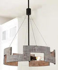 Five Light Wood Drum Chandelier For Dining Room And Kitchen Handmade Rustic Farmhouse Circle Pendant With Weathered Wood Finish And Iron Accents Adjustable 59 Inch Chain 20 Inch Diameter Lit Country Style Lighting hanging
