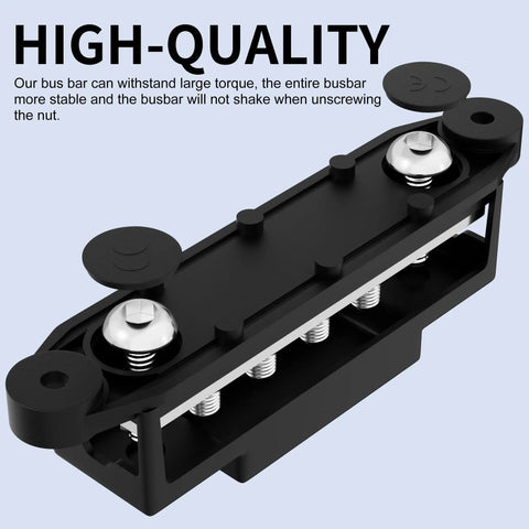 Built Like A Truck 275 Amp Heavy Duty Power Distribution Bus Bar With Six M8 Terminals, black design showcasing screw terminals.