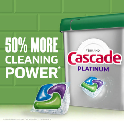 Packaging of Cascade Platinum ActionPacs Dishwasher Detergent Pods with 50% more cleaning power shown next to a detergent pod.