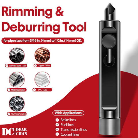 Amazon rimming and deburring tool for tubing 3/16–1/2 in; stainless steel, copper, mild steel, PVC, aluminum.