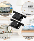 Heavy Duty RV Drawer Latches And Cabinet Door Catches 20 Pack With 10 Lbs Hold Power Includes Mounting Screws shown in an RV and kitchen settings.