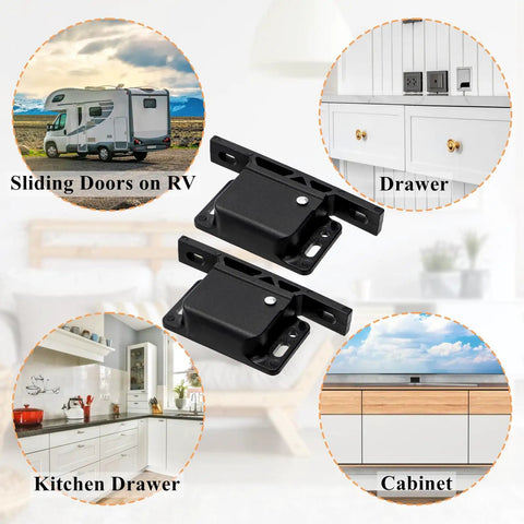 Heavy Duty RV Drawer Latches And Cabinet Door Catches 20 Pack With 10 Lbs Hold Power Includes Mounting Screws shown in an RV and kitchen settings.