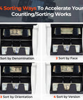 Effortless Cash Counter Machine With Dual Buckets Lightning Fast Mixed Bill Sorting And Legit Currency Verification featuring sorting by denomination, face, orientation, version.