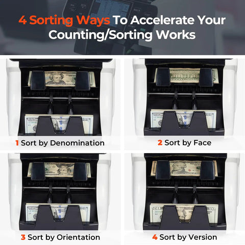 Effortless Cash Counter Machine With Dual Buckets Lightning Fast Mixed Bill Sorting And Legit Currency Verification featuring sorting by denomination, face, orientation, version.