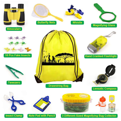 Awesome Kids Outdoor Explorer Kit With Bug Catcher Gear for Outdoor Adventures, featuring binoculars, butterfly net, compass, and more.