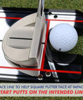 Putting Mirror Alignment Training Aid For Golfers With Built In Eye Alignment Mirror And Stroke Path on grass with putter and ball.