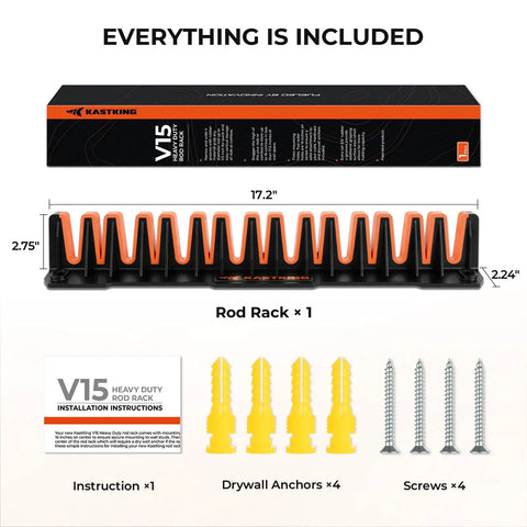 Heavy Duty Vertical Fishing Rod Holder Wall Mounted Rack Hooks Up 15 Large Rods Or Rod And Reel Combos In Just 18 Inches Of Wall Space Holds Up To 33 Lbs Easy 3 Screw Install Perfect For Freshwater Or Saltwater Gear; includes holder, box, screws, and anchors displayed.