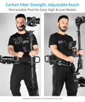 Person using G Axis 10K Stabilizer Arm Vest System For Handheld Cameras And Gimbals, Converts To Body Mounted Rig, carbon fiber post.