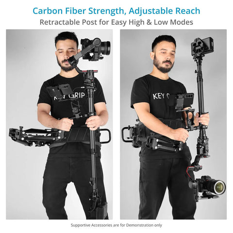 Person using G Axis 10K Stabilizer Arm Vest System For Handheld Cameras And Gimbals, Converts To Body Mounted Rig, carbon fiber post.