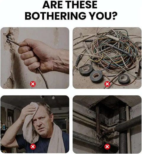 Image showing challenges with wiring, including tangled cables and a frustrated electrician using The ULTIMATE Professional Electrician Wire Pulling Assistant Tool.