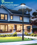 Ultra Bright LED Post Top Light With Photocell illuminating a yard in front of a house, IP65 Outdoor Pole Fixture 5000K, 21000 Lumens