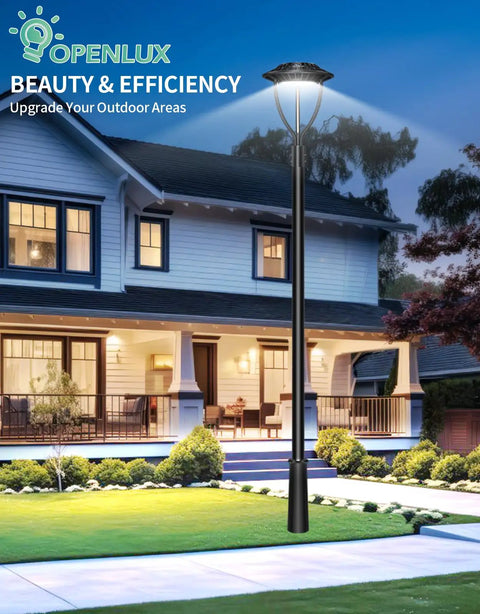 Ultra Bright LED Post Top Light With Photocell illuminating a yard in front of a house, IP65 Outdoor Pole Fixture 5000K, 21000 Lumens