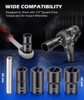Five-piece set of One Half Inch Drive Nut And Bolt Extractor Set With Twist Sockets and center punch bar, shown with impact wrench and ratchet.