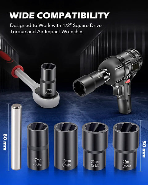 Five-piece set of One Half Inch Drive Nut And Bolt Extractor Set With Twist Sockets and center punch bar, shown with impact wrench and ratchet.