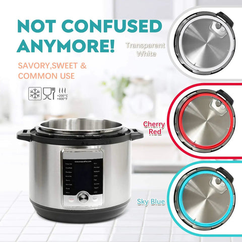 Silicone Sealing Ring 3 Pack For 6 Qt Pressure Cookers Replacement Gasket Compatible With Instant Pot in three colors on cooker