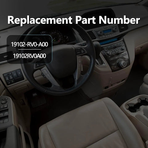 Interior view of a Honda Odyssey, showing dashboard and replacement part numbers 19102-RV0-A00, 19102RV0A00 for reservoir cap