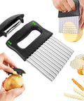 Front view of crinkle cutter knife set with black plastic handle and stainless steel wavy blades, 2-pack.