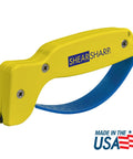 Honed Tungsten Carbide Scissors Sharpener For Kitchen, Garden, Hedge Clippers, And Shears. Compact yellow handheld tool with blue grip.