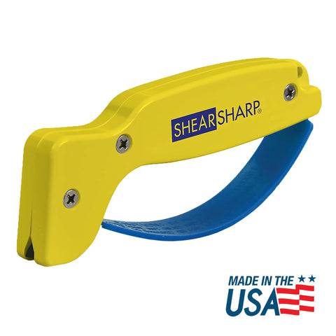 Honed Tungsten Carbide Scissors Sharpener For Kitchen, Garden, Hedge Clippers, And Shears. Compact yellow handheld tool with blue grip.
