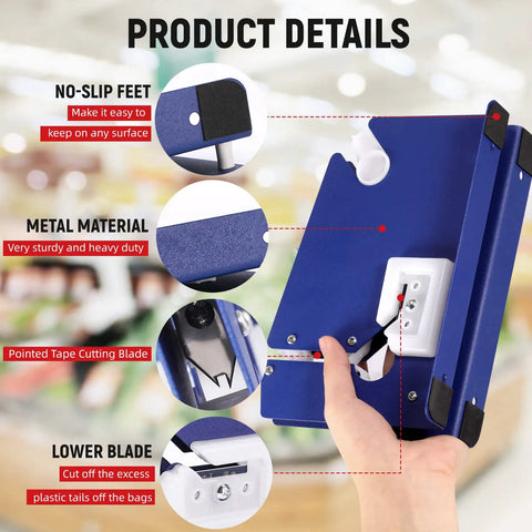 No Sweat Heavy Duty Bag Sealer With Razor Edge Trimmer And Six Pack Assorted Color Rolls - Rock Solid Steel Poly Tape Dispenser close-up details.