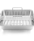 Big Turkey Roasting Pan With V Shaped Rack Stainless Steel Roaster Pan 16x11.5Inch Heavy Duty For Turkey Chicken Vegetables Lasagna Brownies Dishwasher Safe 2 Pack showing top view with rack.
