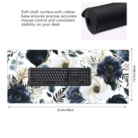 XXL Extended Desk Mouse Pad 35.4 x 15.7 Inches Navy Blue Boho Peony Florals Waterproof 3mm Thick Keyboard And Mouse Mat