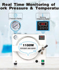 Front view of 18L 1100W stainless steel autoclave with circular door, pressure gauge and LED display.