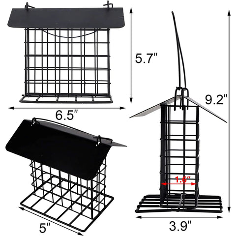 Outdoor Suet Feeder Hanging Cage Weatherproof Metal Suet Holder Squirrel Proof Bird Feeder dimensions and design.