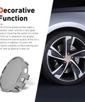 Level Up Your Ride With Premium Silver 4 Pcs Wheel Center Caps Universal Fit For Trucks And Suvs Snap In Rim Hub Covers ABS Build close-up of a chrome wheel center cap next to a car wheel.